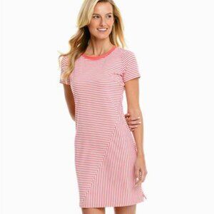 Southern Tide Amelia Striped Performance Dress in Sunkist Coral